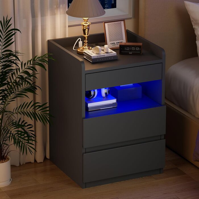 Нічний столик BEWISHOME 2 шт., з прихованою поличкою та розеткою, з функцією зарядки, для вітальні та спальні (чорний) EFCG02B