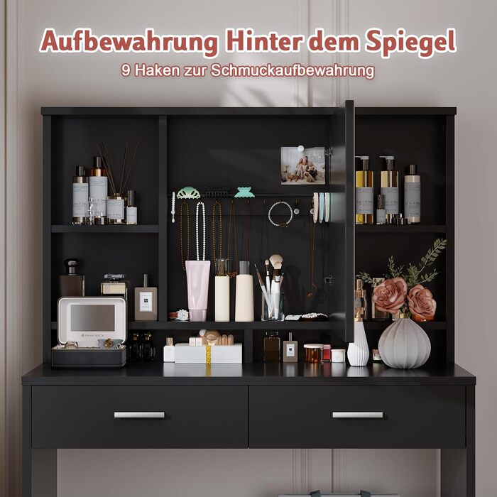 Дзеркальний туалетний столик JUMMICO з LED-підсвічуванням, 2 шухляди, 4 полиці, білий (чорний)