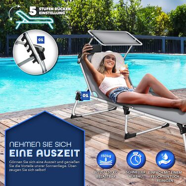 Сонячне ліжко Tillvex® з дахом та подушкою для голови | Садове ліжко, розкладний шезлонг | Пляжне ліжко з регульованою спинкою | Алюмінієве ліжко (Базовий рівень, сірий)