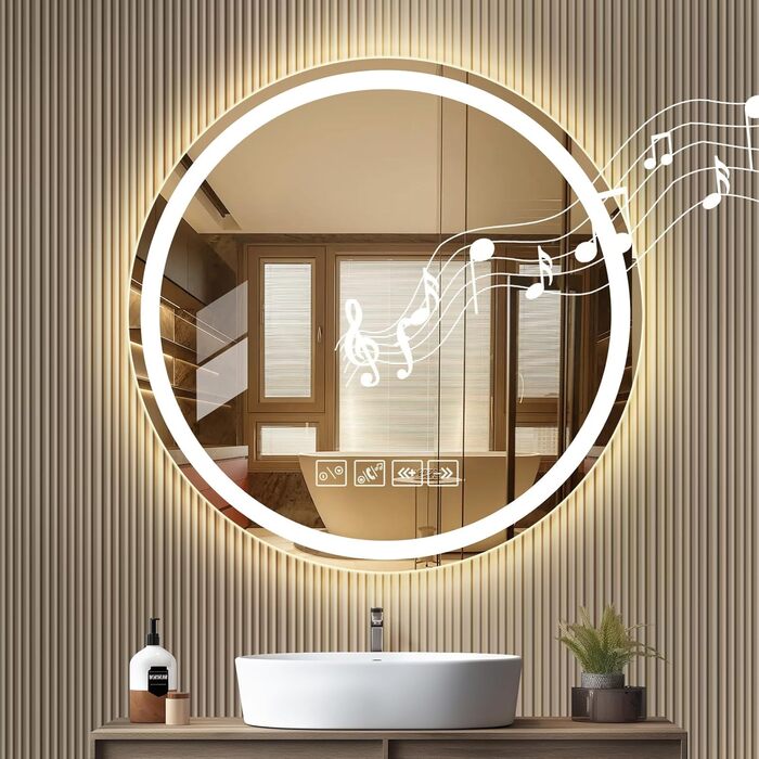 Круглий дзеркало для ванної кімнати з підсвічуванням, 60 см, протитуманне скло, LED, Bluetooth, сенсорне управління, регулювання яскравості, 3000K-4000K-6500K, HD-загартоване скло, 600x600 мм