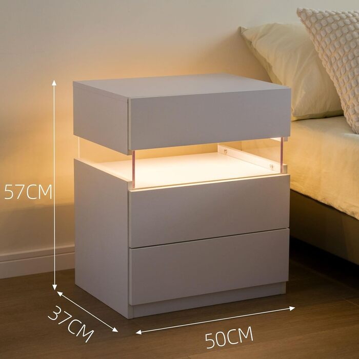 Білий приліжковий столик з LED-підсвіткою та 3 шухлядами для спальні