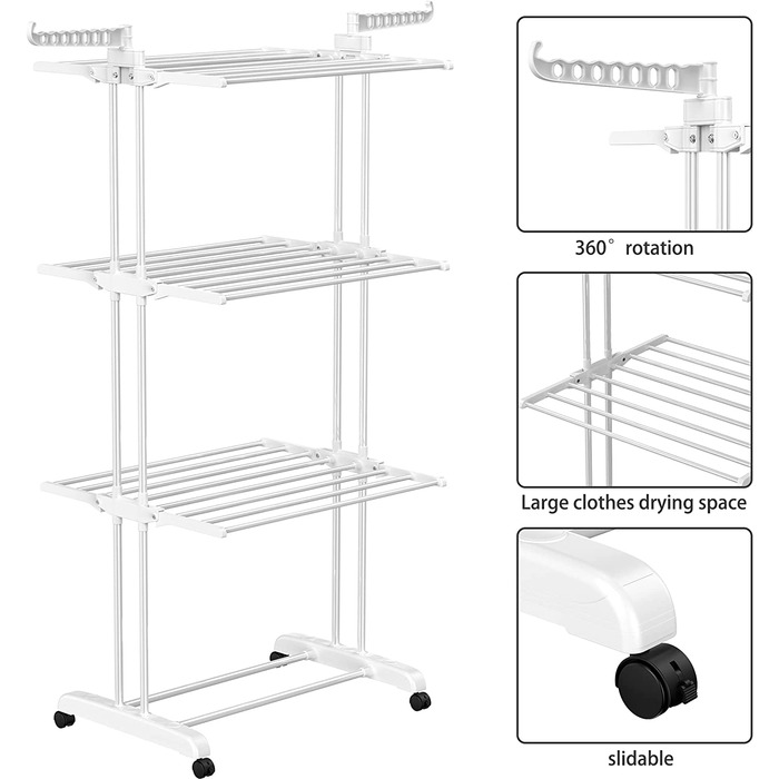 Сушарка для білизни SIMPDIY вертикальна баштового типу, розкладна сушарка з 6 крилами та 2 бічними панелями на колесах для дому та вулиці, біла