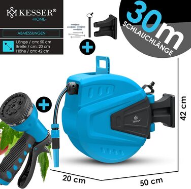KESSER® Автоматична кавова машина для шлангів 30м з підключенням до стіни, автозмотування, поворот 180°, насадка-пістолет з 9 режимами, 2 насадки (Синій)