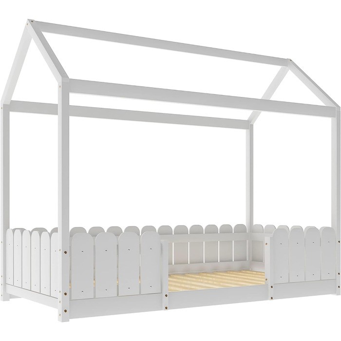 Дитяче ліжко Merax 90x200 см, красиве домашнє ліжко із захистом від падіння та рейковим каркасом, універсальне дерев'яне ігрове ліжко з огорожею, ліжко на дереві для хлопчиків і дівчаток, білий білий паркан