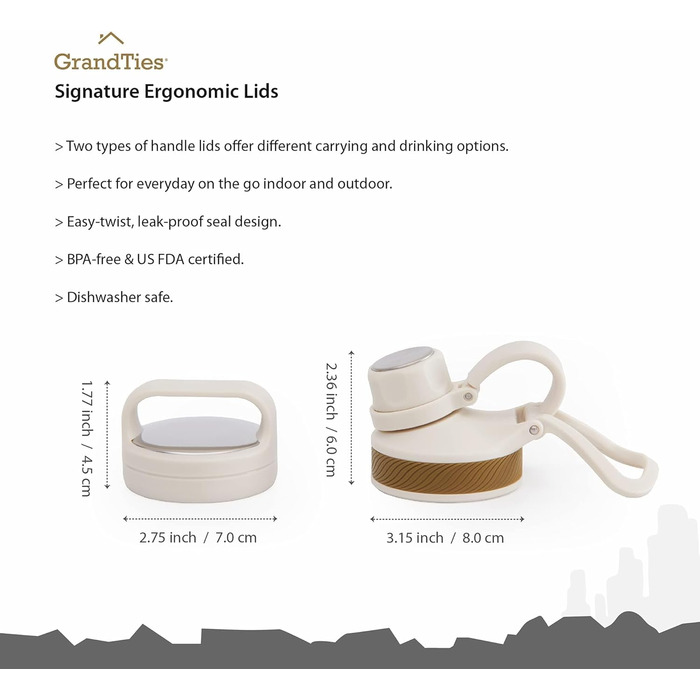 GRANDTIES Фляга для води 946 мл з широким горлом, вакуумна ізоляція, 2 кришки, для чоловіків та жінок, білий колір