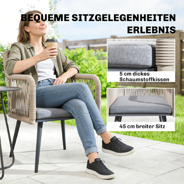 Набір із двох садово-патіо стільців, стійких до погодних умов. Зручні садові стільці з підлокітниками та подушками для сидіння, міцний металевий каркас, витримують до 120 кг. Колір: світло-сірий.