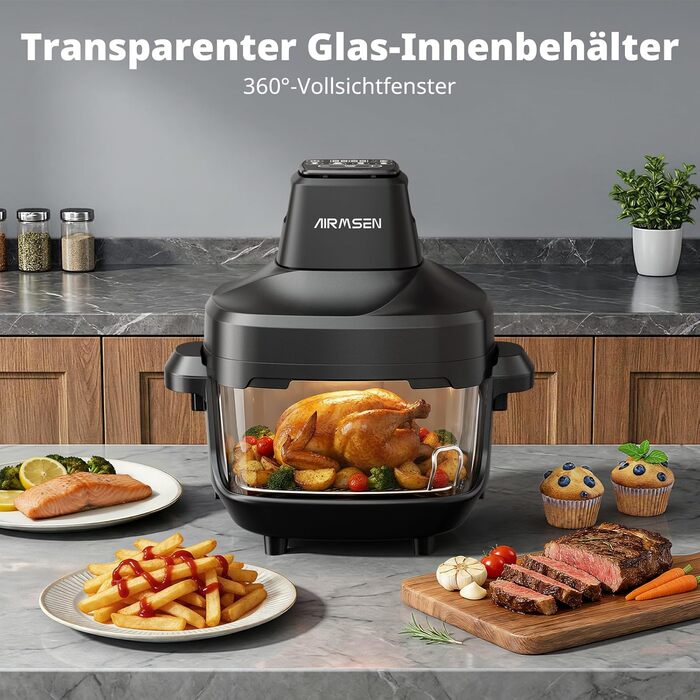 Фритюрниця повітряна AIRMSEN зі скляною чашею, 1500 Вт, 4.5L + 1.2L, 60–230 °C, 4 програми, знімна чаша, для мікрохвильовки та мийки посуду