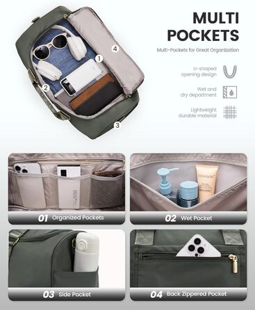 Спортивна сумка LOVEVOOK для жінок: дорожня сумка, weekender, з косметичкою, відділенням для взуття та мокрих речей, водонепроникна пляжна/басейнова/сауна сумка, ручна поклажа для подорожей, зелена