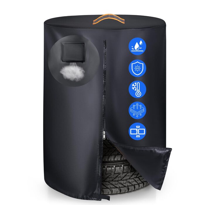 Чохол для коліс автомобіля, великий, міцний, 420D, універсальний, на 4 колеса, з блискавкою, вологостійкий, з світловідбиваючими смугами (Ø 84 см x H 120 см), чорний