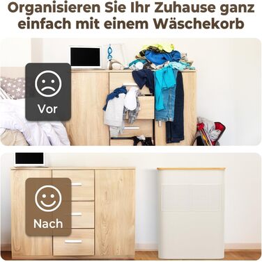 Кошик для білизни OUSFOT з кришкою, 3 відділення, 158л, сортер для білизни, знімний мішок, сітчаста кишеня, бамбукова коробка для білизни, бежевий