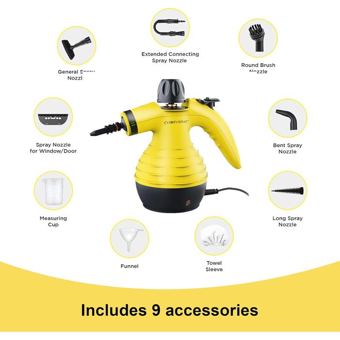 Портативний пароочисник Comforday для дому та авто: видаляє жир, плями та бруд. Зі 9 насадками для чищення диванів, кухні та інших поверхонь.