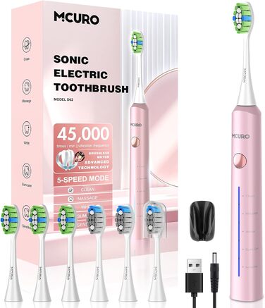 Електрична звукова зубна щітка, 5 режимів, рожева, з таймером та 6 насадками DuPont