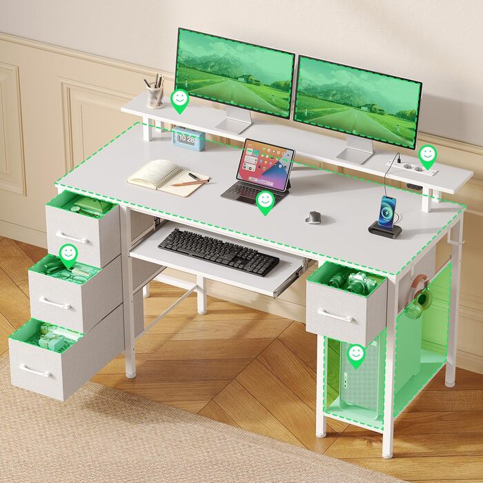Стіл Rolanstar з шухлядами, 120x47 см, ігровий стіл з розеткою, LED-підсвітка та підставка для монітора, стіл для комп'ютера з підставкою для клавіатури, білий