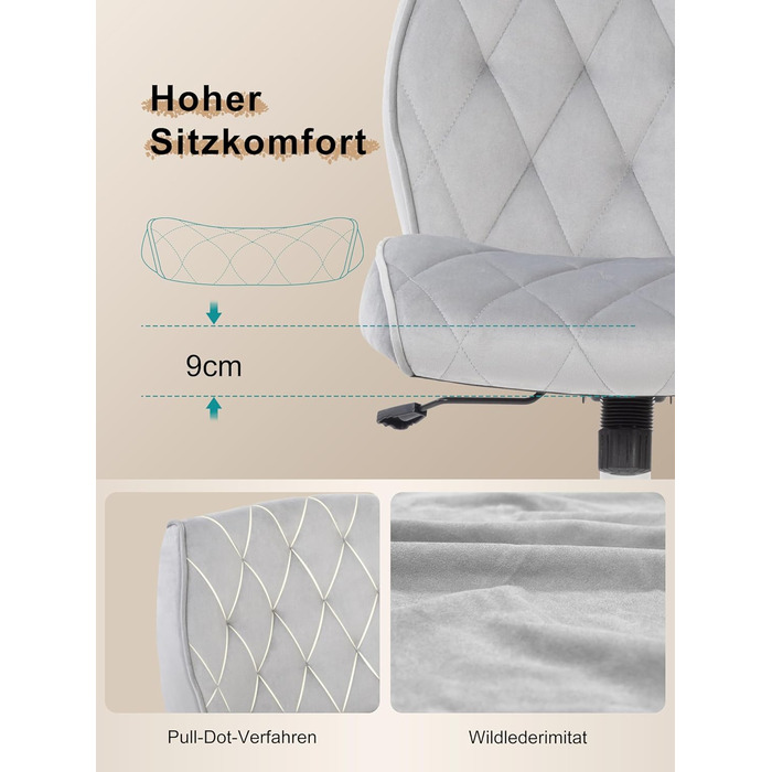 Крісло для дому та офісу Symino з регульованою висотою, функцією гойдання 12°, обшите штучною замшею, до 150 кг, сірий колір