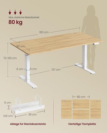 Стол для роботи VASAGLE з регулюванням висоти, USB-C, підставка для розеток, стоячий стіл, нагадування про перерви, 3 пам'яті, 160x80 см, золотий дуб