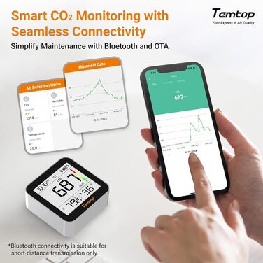 Temtop C10-2ND: Монітор CO2 з Bluetooth, вимірювання температури та вологості, з App, для дому та офісу