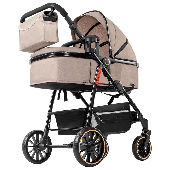 Дитяча коляска 3 в 1 PU-Leder, зручна багатофункціональна комбінована коляска, алюмінієвий шасі, комплект (L518 Khaki), моделі 3 в 1 V8 Khaki