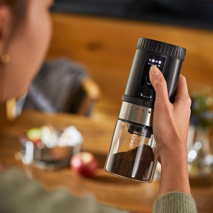 Електрична кавомолка Tchibo з керамічним жорном, регульований помел, срібна (з акумулятором)