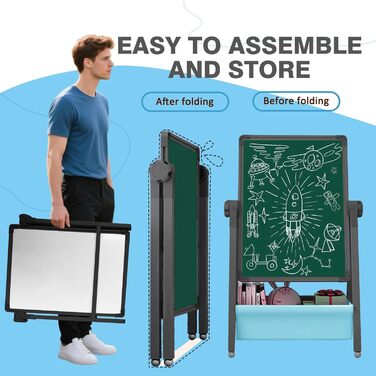 Дитяча мольберт Kinderstaffelei: двосторонній, металевий, регульований по висоті, 360° обертання, дошка для малювання та письма з літерами та цифрами (чорний)