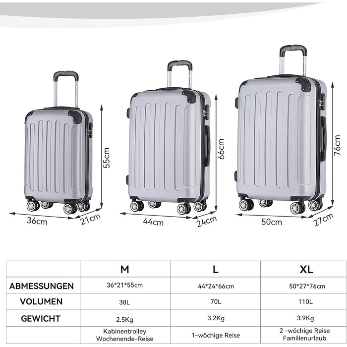 Валіза BEIBYE Twin Wheels Hardcase, XL-L-M, 14 кольорів, сріблястий, ручна поклажа (55см)