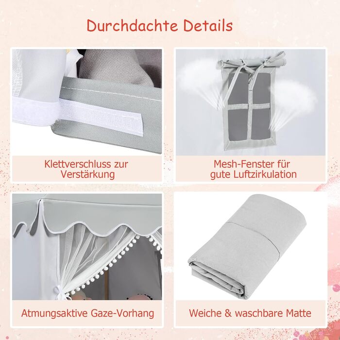 Дитячий намет DREAMADE з м'якою дахом та вікнами, дерев'яний каркас, ігровий будиночок, намет Тіпі для хлопчиків та дівчаток (сірий)