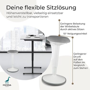 Високий пуф Standup.Today Ella (білий/зелений) – регульована висота 55-80 см – ергономний пуф для офісу та дому – пуф-гойдалка для робочого столу (білий/світло-сірий)