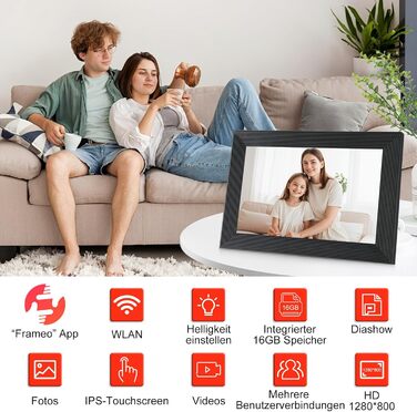 Frameo Цифровий фоторамка 10.1 дюйма з Wi-Fi, HD сенсорний екран, 16GB пам'ять, автоматичне обертання, віддалене завантаження фото та відео, настінний монтаж (чорний)