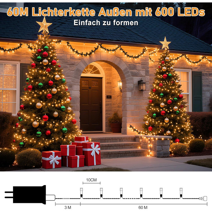 Гірлянда світлодіодна для прикраси ялинки та декору, 60 м, 600 LED, 8 режимів, вологостійка, з пультом, таймер, диммування, тепле біле світло, для дому та саду