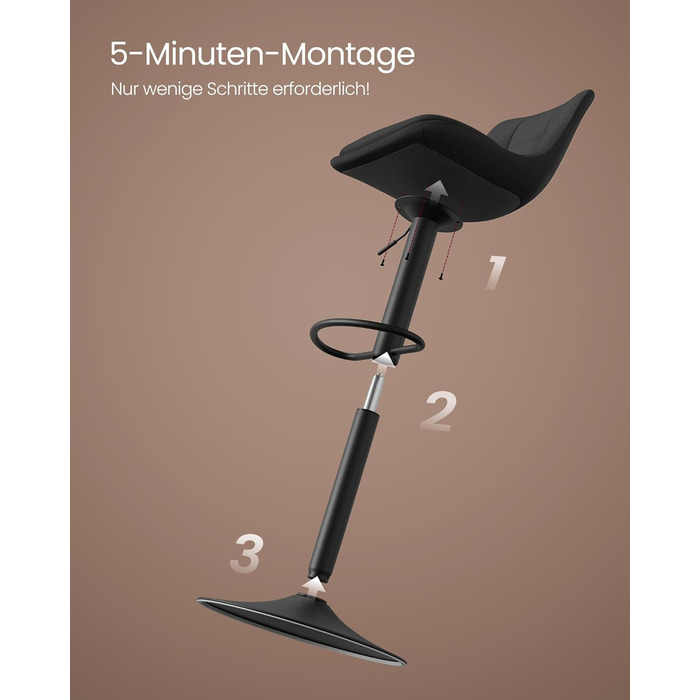 Барні стільці VASAGLE 2 шт. регульовані по висоті, обертаються, зі спинкою та підставкою для ніг, для кухні, їдальні, бару, сталь, LJB195G02 (Чорний, Велюр)