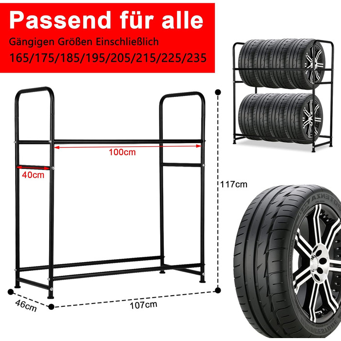 Стійка для шин на 8 шин, 107x46x117 см, для гаража. Місткість 180 кг, з захисною оболонкою. Регулювання висоти.
