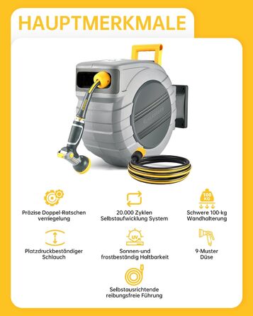 Шланговий барабан GLAHODEN з садовим шлангом 40 м + 2 м, стійкий до сонця та морозу, поворотний на 180°, настінна шланговий бокс з 9-функціональною розпилювальною насадкою