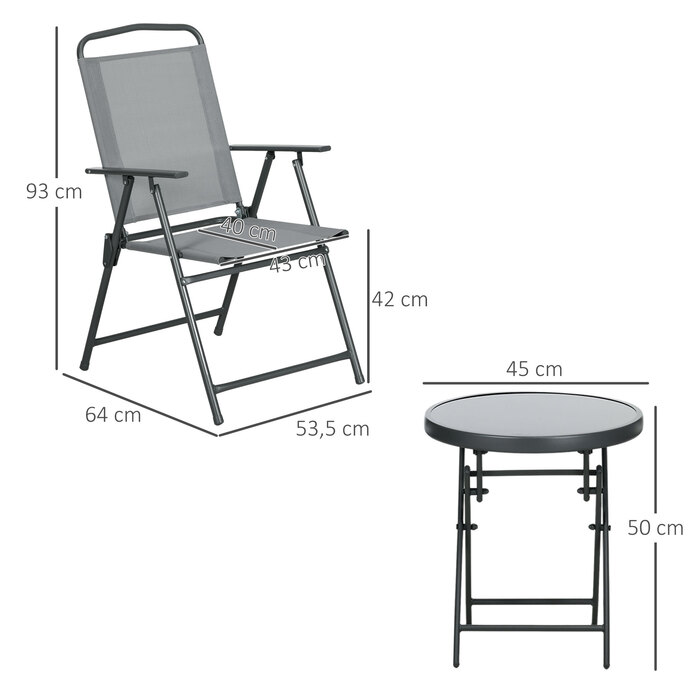 Набір бістро Outsunny Garden Furniture складаний з 1 столом і 2 стільцями, міцний зі сталі та сітки, 53,5 x 64 x 93 см, світло-сірий для балкона та тераси