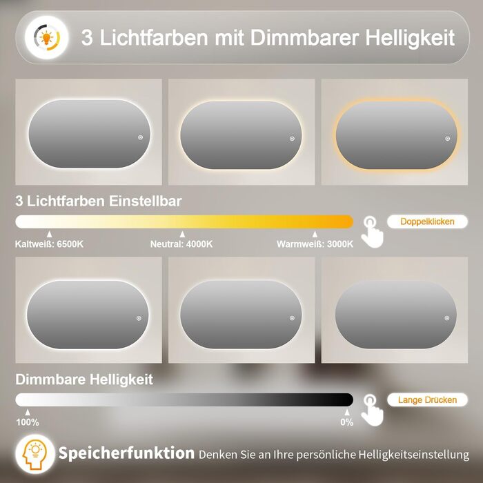 Дзеркало для ванної кімнати з LED-підсвічуванням 40x60 см, 3 кольори світла, сенсорне керування, IP67, енергозберігаюче, для ванної та вітальні