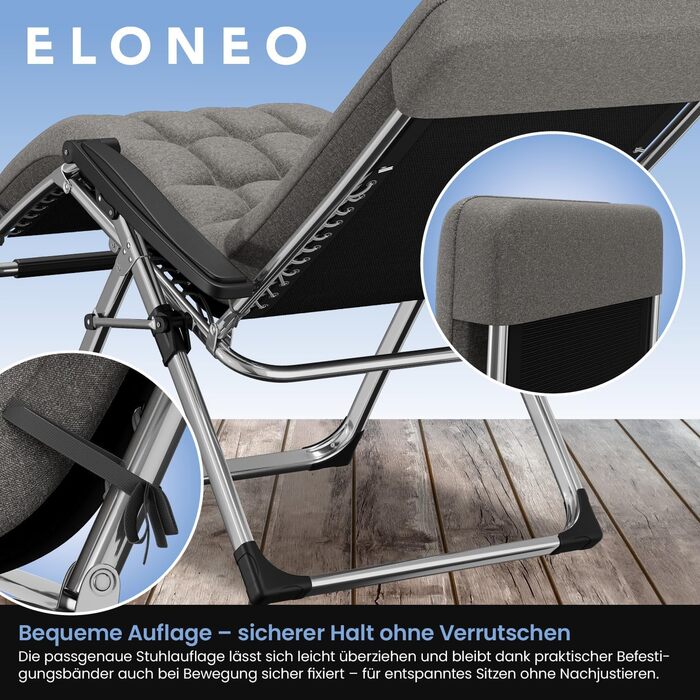 Лежак для відпочинку ELONEO: розкладний, з преміум-подушкою, стійкий до погодних умов, широка спинка, регульована, з подушкою для шиї та тримачем для напоїв (сірий)