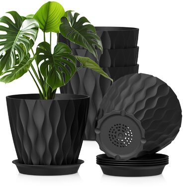 Набір горщиків для квітів 20 см, 5 шт. Чорні пластикові горщики з підставкою та дренажними отворами, 3D-текстура, для монстери, герані та кімнатних рослин, внутрішнє та зовнішнє використання