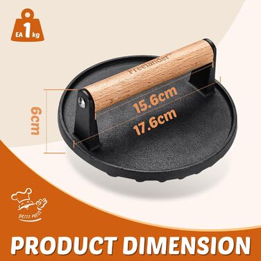 Пресс для бургерів Freelander з чавуну, набір для приготування смашених бургерів (діаметр 17.6 см, прямокутний 20.5 см), прес для гриля з термостійкою ручкою, великий прес для гамбургерів, стейків, сендвічів (чорний, круглий)