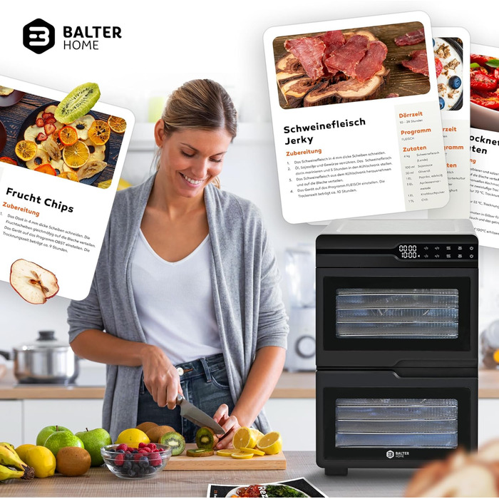 Електрична сушарка для фруктів та овочів Balter з нержавіючої сталі, 12 ярусів, 1100 Вт, 70 л, 12000 см² поверхні сушіння, BPA-free, 35–75 °C, таймер до 72 год, 2 камери