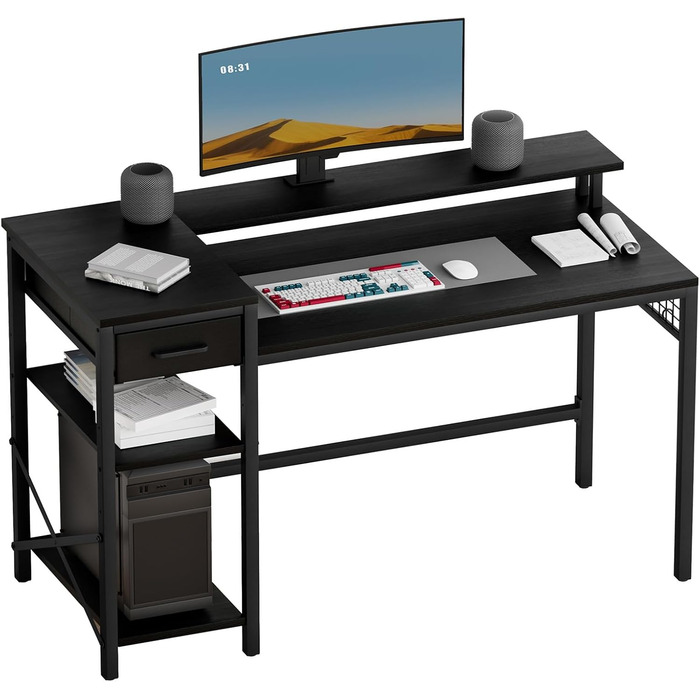 Ігровий стіл Oak & Tea 120x52 см з ящиками, регульованою полицею та підставкою для монітора – для роботи, навчання та геймінгу, коричнево-чорний