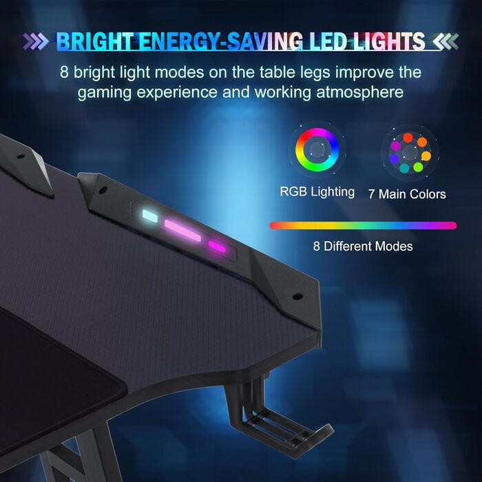 Ігровий стіл 120x60 см з LED Z-подрофкою, карбоновим покриттям, тримачем для напоїв та гачком для навушників. Стабільний та ергономічний стіл для геймерів та офісу.