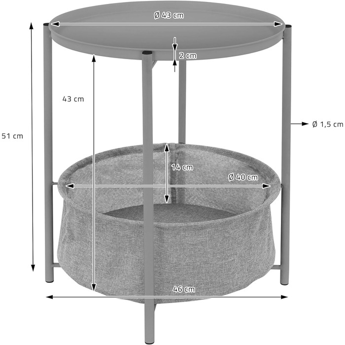 Журнальний стіл ML-Design круглий Ø46 x H51 см, металевий, журнальний столик з тканинним кошиком і знімним підносом, диванний столик з кошиком для зберігання, сучасний дизайн, маленький столик, стіл для вітальні Приліжкова тумбочка (сірий)