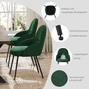 Набір обідніх стільців з підлокітниками – 6 шт. Ергономічні м'які стільці з тканинним покриттям та металевими ніжками для кухні, вітальні, їдальні, Бежевий (Leinen Tannengrün)