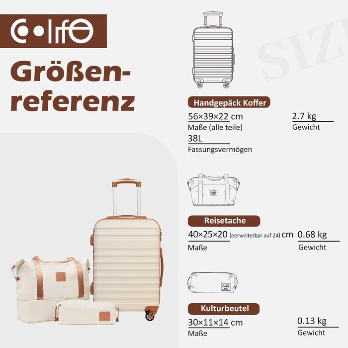 Валіза COOLIFE з ABS-пластику, 3-секційна, з TSA-замком, 4 колеса, включає дорожню сумку та косметичку, білий/коричневий колір