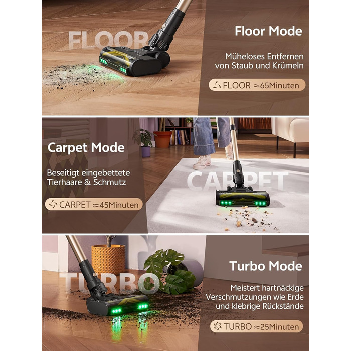 Бездротовий пилосос Ultenic з акумулятором, 50000Pa, 65 хв роботи, GreenEye, телескопічна труба, 6-ступенева фільтрація, антизаплутувальна щітка, для шерсті тварин/килимів/твердих поверхонь, колір шампань