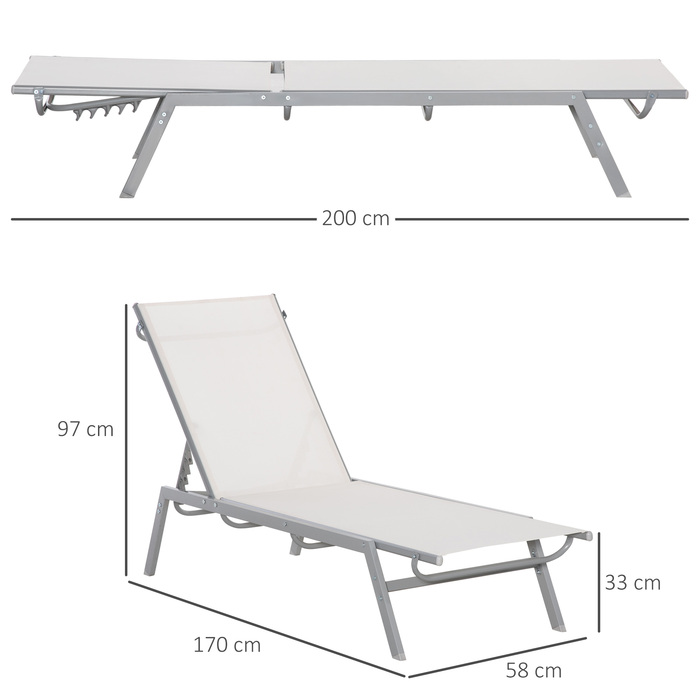 Outsunny Sun Lounger Садовий шезлонг з регульованою подушкою 5-ступінчастою спинкою Металева сітка тканина кремовий білий 170x58x97см для патіо та балкона