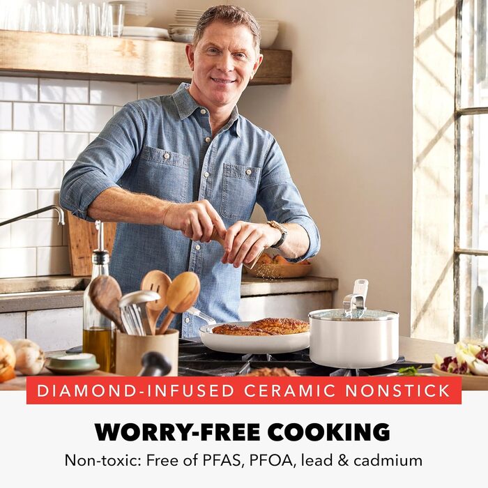 Набір кухонного посуду GreenPan x Bobby Flay 13 предметів: професійний алюміній, керамічне антипригарне покриття без PFAS та PFOA, індукційний, силіконовий ручка, сумісний з посудомийною машиною (4.5QT сковорода з кришкою, кремовий)