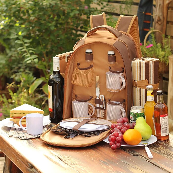 Рюкзак для пікніка на 2 людини, рюкзак для пікніка, сумка-холодильник з набором посуду і ковдрою (коричневий)