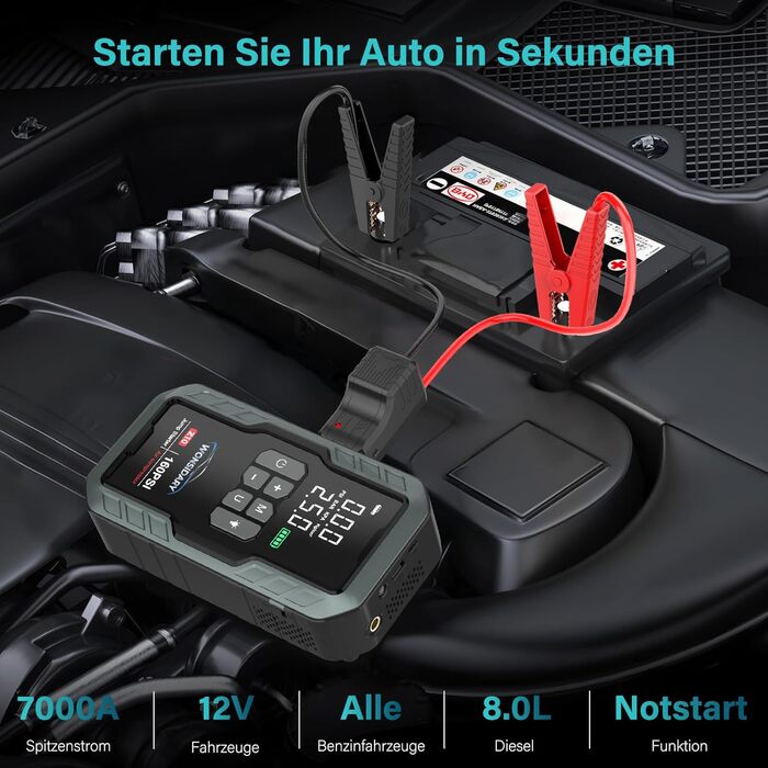 Powerbank Starthilfe 7000A для автомобіля: 27000 mAh, 160 PSI, компресор, LED-ліхтарик, для 12V бензинових та дизельних двигунів (до 8.0L)