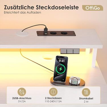 Регульований за висотою стіл OffiGo з 2 висувними ящиками та підставкою для клавіатури, 120 см. Електричний стіл з підставкою для монітора, RGB підсвічування та розетками, білий (120 x 54 см)