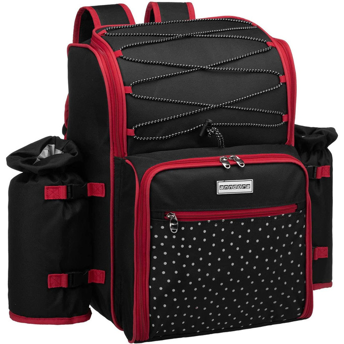 Рюкзак для пікніка Andora на 4 особи з інтегрованою сумкою-холодильником, зелений, з аксесуарами (чорно-білий у горошок)