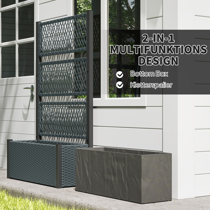 Підвищене грядка з опорою для ліан у стилі ротангу, ящик для квітів з підпірками, 90 x 35 x 148 см, темно-сірий